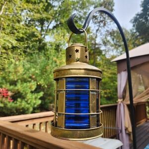 Brass And Blue Glass Hanging Boat Lantern Candle Holder